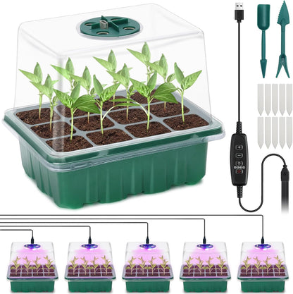 Seed Starter Tray, Plant Propagation Station with Grow Light, Seedling Starter Trays with Timing Controller, Mini Greenhouse Kit with Humidity Domes and Base, Plant Tray for Seeds Growing Starting