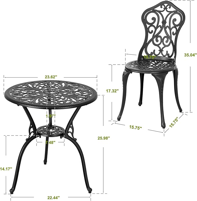 NUU GARDEN 3-Piece Outdoor Bistro Set with 2 Chairs and Round Table with Umbrella Hole, All-Weather Patio Set for Garden, Porch, Lawn, Poolside, Black