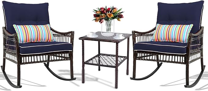 DECMICO Outdoor Rocking Chairs 3 Pieces Patio Conversation Front Porch Furniture, Wicker Bistro Set with Coffee Table for Garden and Balcony (Brown Rattan Royal Blue Cushion)
