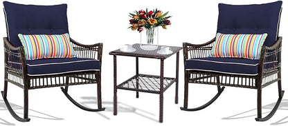 DECMICO Outdoor Rocking Chairs 3 Pieces Patio Conversation Front Porch Furniture, Wicker Bistro Set with Coffee Table for Garden and Balcony (Brown Rattan Royal Blue Cushion)