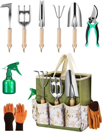 9-Piece Premium Gardening Tool Set for Women - Heavy Duty Stainless Steel Rust-Proof Tools with Fashion Storage Tote | Perfect Gardening Gifts for Mom, Mother's Day, Birthday & Outdoor (Green)
