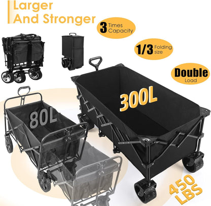 49''L Collapsible Foldable Extended Wagon with 450lbs Weight Capacity, Heavy Duty 300L Folding Utility Garden Cart with Big All-Terrain Beach Wheels & Drink Holders. Black