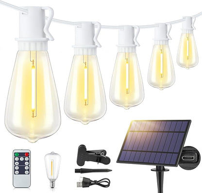 48FT Solar Outdoor String Lights with Remote & Timer, Shatterproof Dimmable 3 Modes Patio Lights with 15+1 ST38 LED Bulbs for Backyard-White