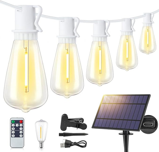 48FT Solar Outdoor String Lights with Remote & Timer, Shatterproof Dimmable 3 Modes Patio Lights with 15+1 ST38 LED Bulbs for Backyard-White
