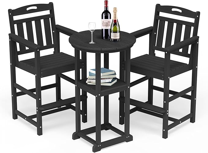 HDPE Outdoor Patio Bar Set with Bar Height Table and 2 Adirondack Chairs, All-Weather High Top Outside Round Pub Furniture for Bistro, Garden, Backyard, Deck | 3-Pieces, Matte Black