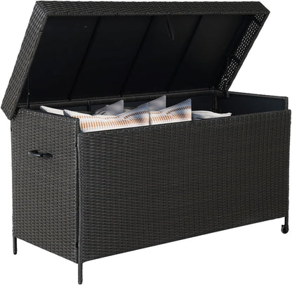 Grand patio 170 Gallon Storage Box, Dark Brown PE Wicker, Minimalist Style, Water Resistant, Flip Top, Smooth Wheels, for Patio Furniture Cushions, Garden Tools, Pool Accessories