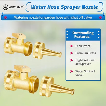 AUTOMAN Brass Hose Nozzle - High Pressure Jet Nozzle 4 Count (2 Set), Heavy Duty Water Hose Sprayer Sweeper with Hose Shutoff Valve, 3/4” GHT Nozzles for Garden Hose, Car Wash, Extra 10 Rubber Washers