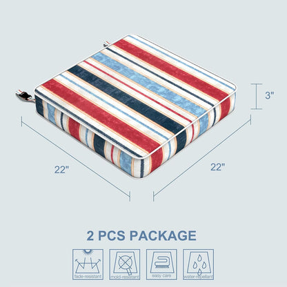 LVTXIII Patio Chair Cushions 22"x22"x3", Water-Repellent Outdoor Seat Cushions for Patio Furniture, Square Chair Pads with Ties for Home Garden Decoration, Set of 2, Stripe Red Blue