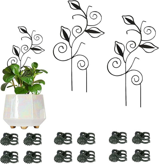 Decorative Metal Plant Trellis for Indoor Potted Plants – Leaf Shape Vine Support Stakes with 6 Plant Clips, Black/Green/Gold Garden Trellises for Climbing Plants, Vines (Black 2pcs)