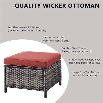 Rilyson Outdoor Patio Furniture Sofa Set - 7 PC Rattan Wicker Patio Sectional Conversation Sets with Sofa,Loveseat,Coffee Table,Armrest Chairs and Ottomans for Porch Deck Garden(Mixed Grey/Red)