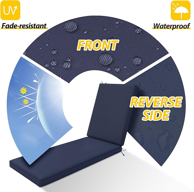 AAAAAcessories Outdoor Chaise Lounge Cushions, Waterproof, Fade-Resistant Patio Furniture Replacement Cushions, 74" x 23" x 3", Navy Blue