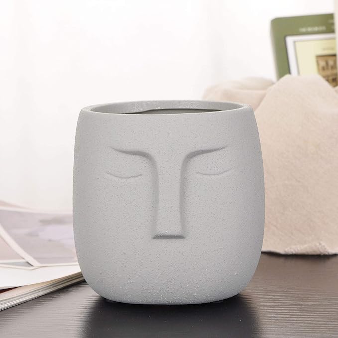 VanEnjoy 5.5 Inches Grey Ceramic Head Face Planter Pot for Plants, Modern Indoor Outdoor Vase, Face Statue Plant Pot for Home Decoration