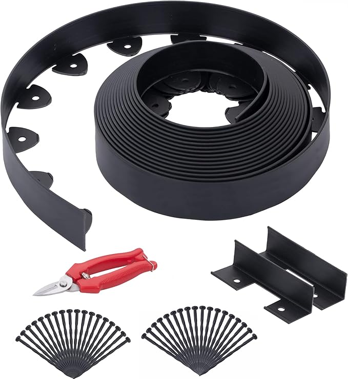 Landscape Edging, 40' 4" Tall Garden Edging with Scissors, Lawn Edging with 36 Garden Spikes and 2 Connectors, Heavy Duty PP&PE Material Edging for Landscaping, Garden, Lawn, Black