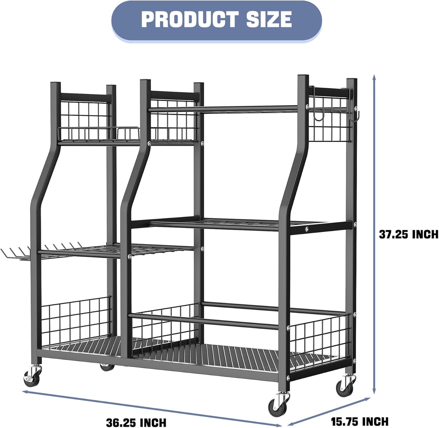WALMANN Garden Tool Organizer with Wheels for Garage, Large Storage Capacity, Rakes/Shovels/Yard Tools Storage Stand for Shed, Garden, Indoor/Outdoor Long-Handled Tools Rolling Cart