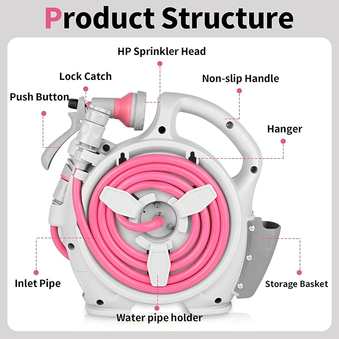 Garden Retractable Hose Reel, Portable Simple Home Hose Reel 45+5 FT with 7 Patterns Spray Nozzle, Wall Mounted and Any Length Lock for Garden Watering, Car Washing, Pet (Red Rose)