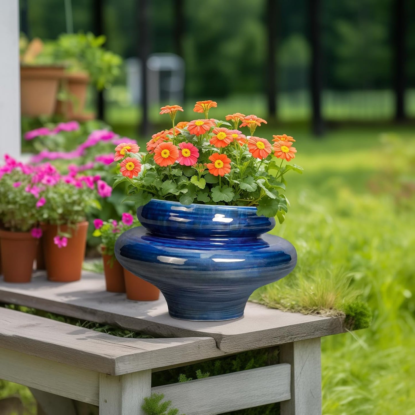 Ceramic Pots for Plants - 11 Inch Ceramic Planter for Indoor Outdoor, Unique Planters with Drainage Hole, Decorative Flower Pot, House Office Garden Decor, Plants Lover Gifts, Blue