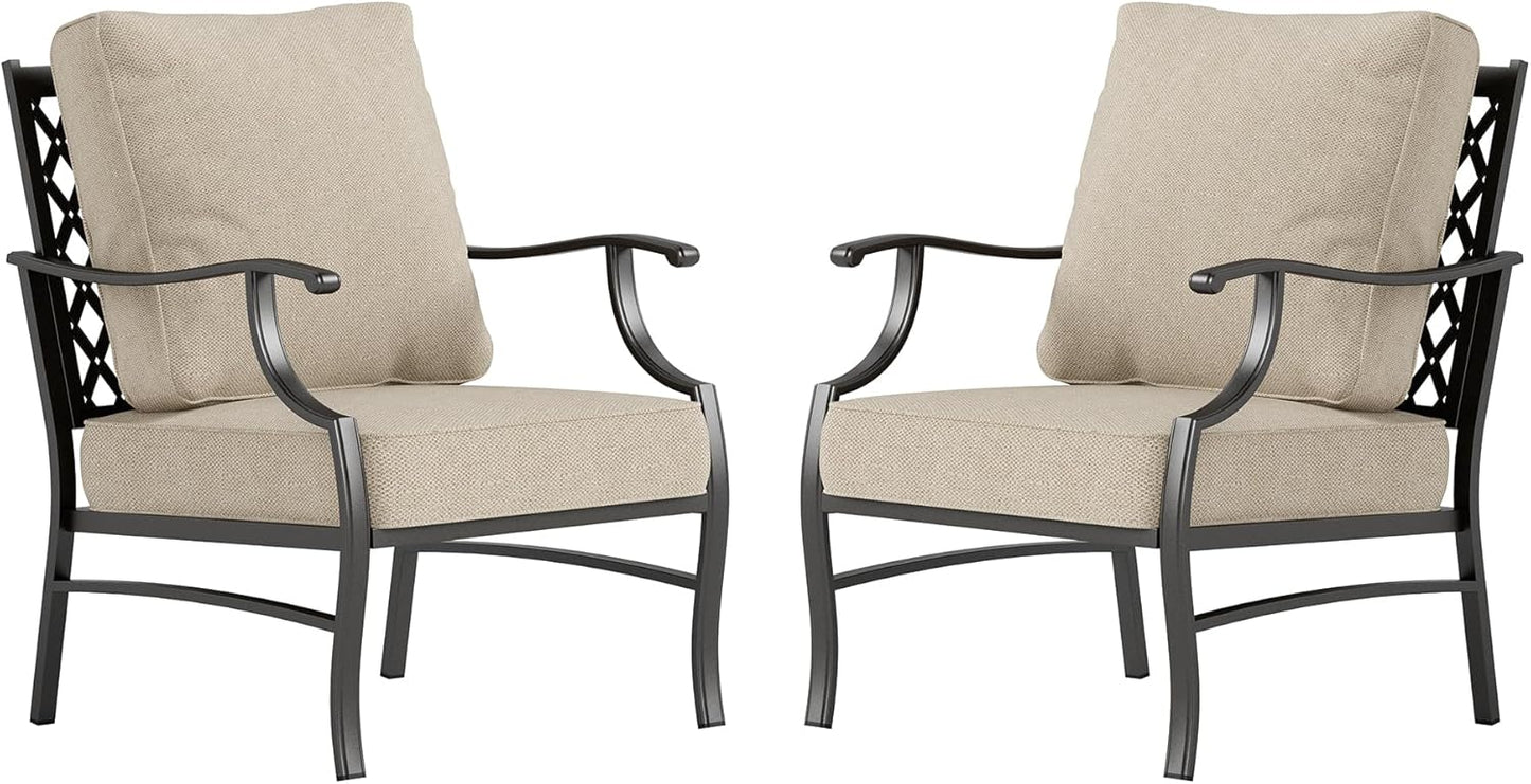 Metal Patio Chairs Set of 2 with 5.75" Extra Thick Cushion, 2 Pieces High Back Outdoor Patio Chairs All Weather Outdoor Furniture Seating for Deck Backyard Balcony Front Porch, Beige