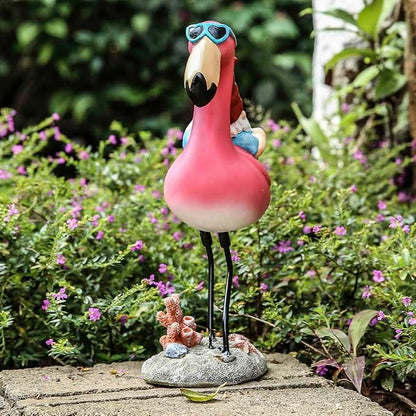 Gnome Garden Statue Funny Gnome Reclining on Flamingo Dwarf Figurines Resin Garden Gnomes Fall Decorations Outdoor for Patio Yard Lawn Porch Housewarming Ornament Gift