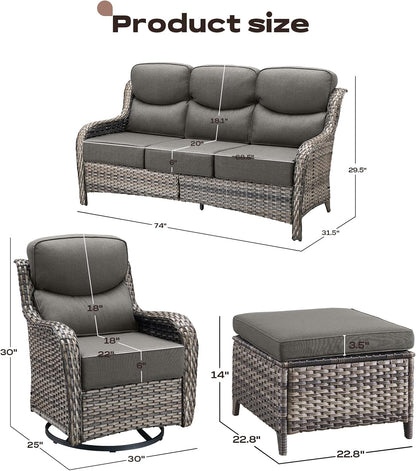 Wicker Outdoor Patio Furniture Set - 7 Piece Patio Conversation Sets with Swivel Rocker Chairs, Ottomans and Sofa, 6 inch Cushions, Waterproof Wicker, for Porch Deck Mixed Grey/Grey