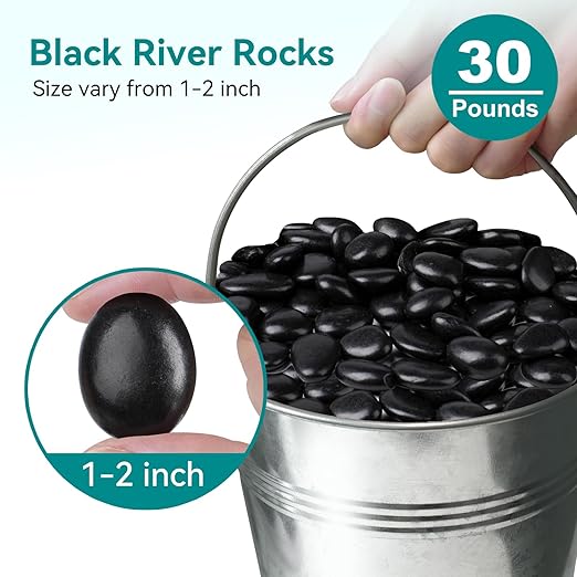 30 lbs Black Rocks for Planters, 1"-2" Decorative Rocks for Potted Plants, Polished Garden Stones for Outdoor Landscaping, Walkways, Yard, River Rocks for Flower Pots, Vase