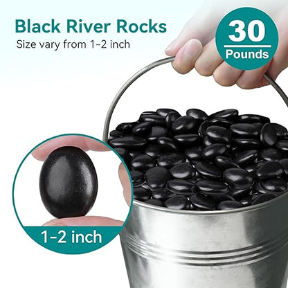 30 lbs Black Rocks for Planters, 1"-2" Decorative Rocks for Potted Plants, Polished Garden Stones for Outdoor Landscaping, Walkways, Yard, River Rocks for Flower Pots, Vase