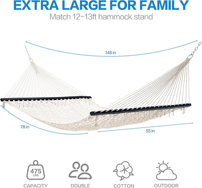 PNAEUT Double Hammocks for Outside, 13ft Traditional Rope Hammock for 2 Person with Hardwood Spreader Bar and Carrying Bag, 475 lbs Capacity (Beige)