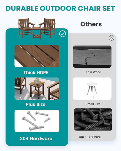 SERWALL 3 Pieces Patio Bistro Set, All Weather Adirondack Chair Set with Side Table, HDPE Material Outdoor Patio Furniture Set for Balcony, Porch, Garden, Backyard- Brown