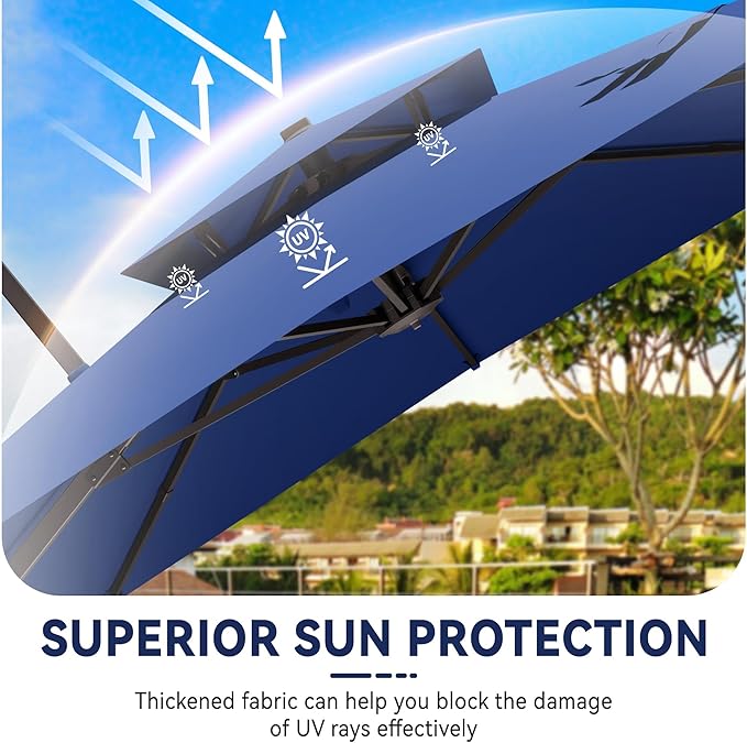 10x13 FT Cantilever Patio Umbrella Double Top Outdoor Rectangular Large Heavy Duty Aluminum Offset Umbrellas with 7 Level Tilt 360-degree Rotation for Pool Garden Deck, Navy