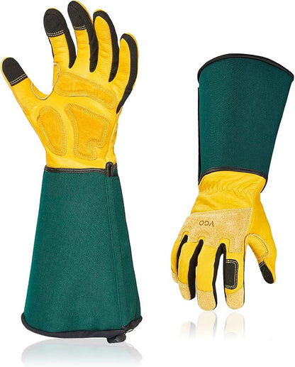 Vgo... Safety Work Gloves Men,Extra-long Cuff, Cow Grain Leather,Puncture-proof, Thornproof, Durability, Touchscreen,Gardening (1 Pair,Size L, Golden Green, CA7472)