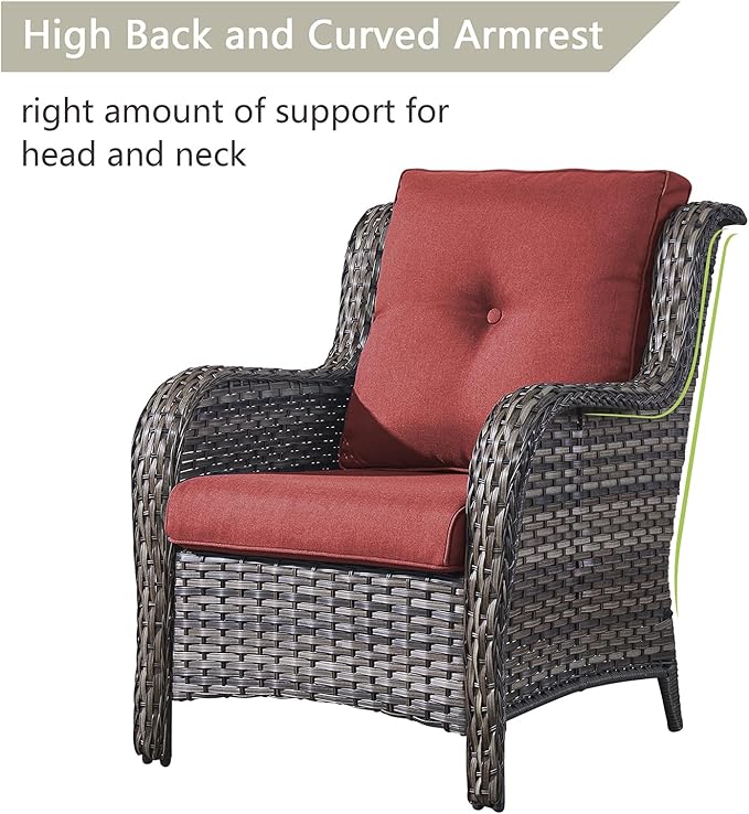 Rilyson Outdoor Patio Furniture Chairs Set - 5 Piece Wicker Rattan Patio Sectional Conversation Sets with 2 Armrest Chairs,2 Ottomans and Side Table for Porch Deck Balcony Garden(Mixed Grey/Red)