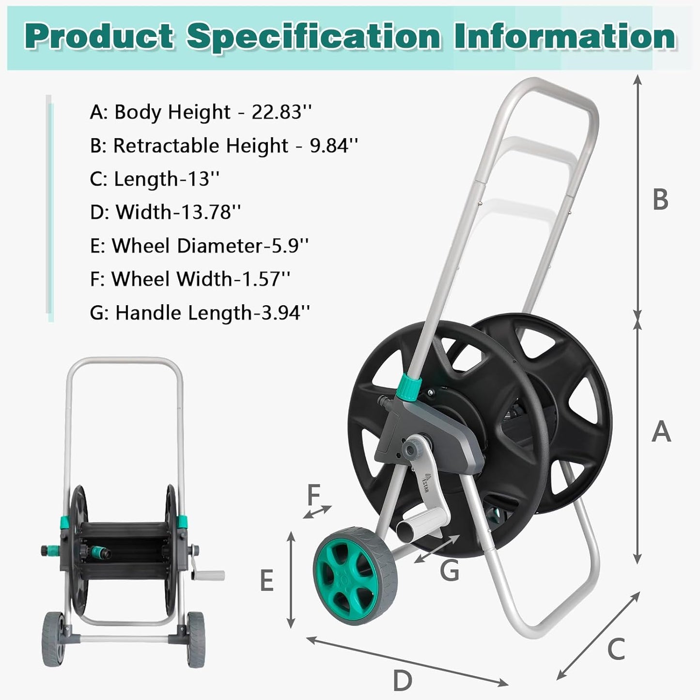 Garden Water Hose Reel Cart, Holds 100 Feet of 5/8 Inch Hose,Garden Water Pipe Holders Mobile Tools with 2 Wheels for Outside Watering