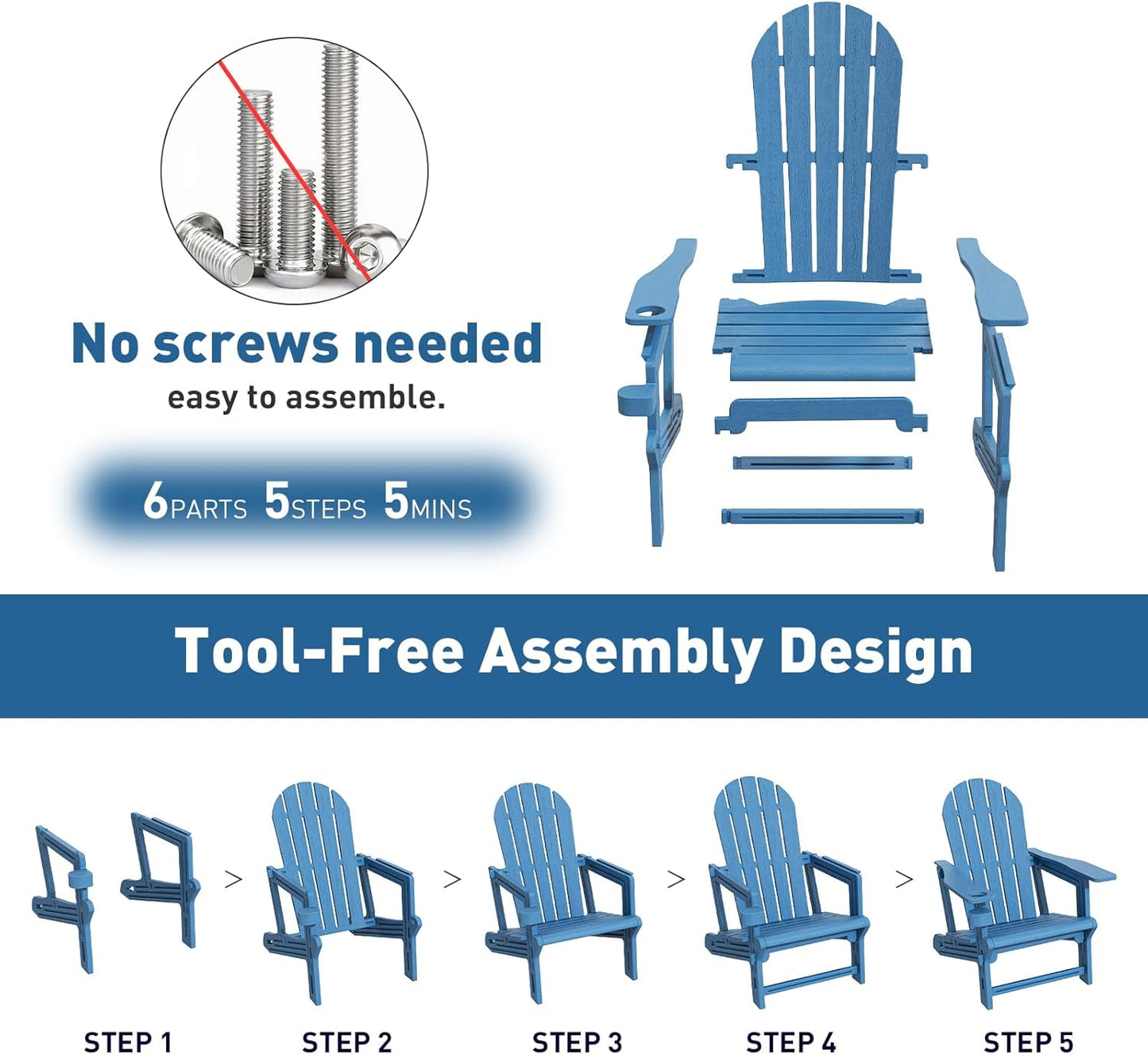 Adirondack Chair, Tool-Free Assembly All-Weather Adirondack Chairs, HDPE Fire Pit Chairs with Cup Holder, Outdoor Chair for Patio Garden (Blue)