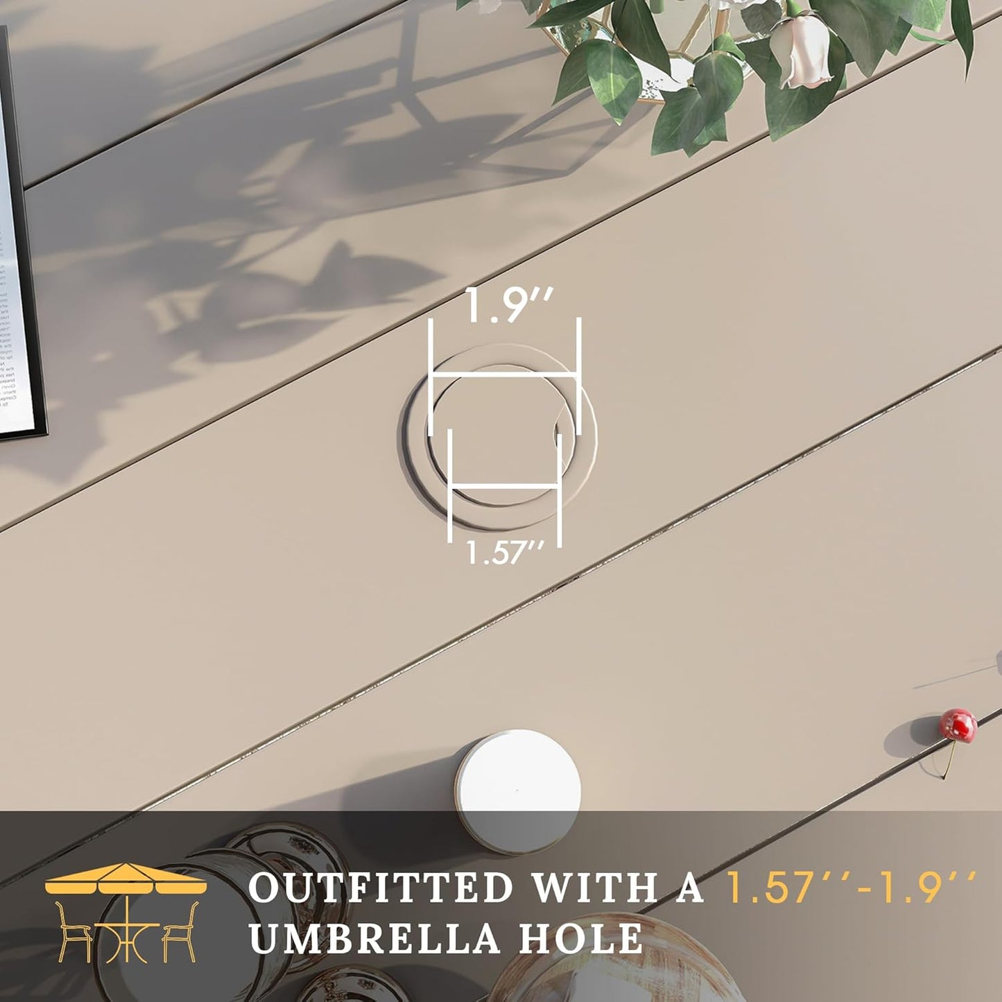 VICLLAX 60" Outdoor Round Patio Table for Lawn Garden, All Weather Metal Round Patio Dining Table with Adjustable Umbrella Hole, Outdoor Table for 8-10 Person, Cream Color Tabletop