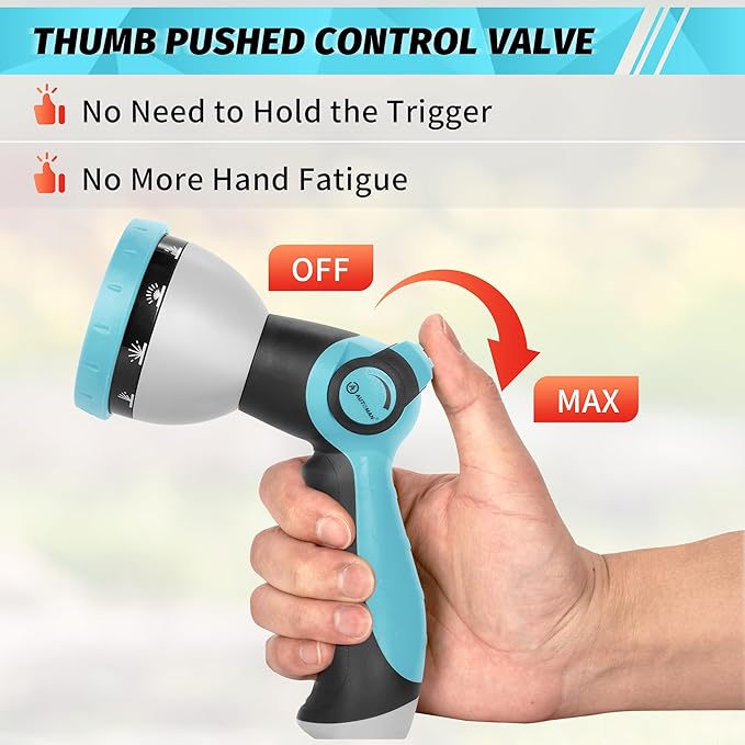 AUTOMAN Garden Hose Nozzle Sprayer - 10 Spray Patterns, High Pressure, Thumb Control On Off Valve, Metal Duty Water Nozzle, Extra 3 Washers, for Watering Garden, Cleaning, Washing Car, Showering Pets