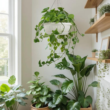 10.63in Hanging Planter Pots for Outdoor and Indoor Plants Flowers with Drainage Hole Tray Hooks Plastic Plant Baskets for Garden Home Porch (White, Pack of 6)