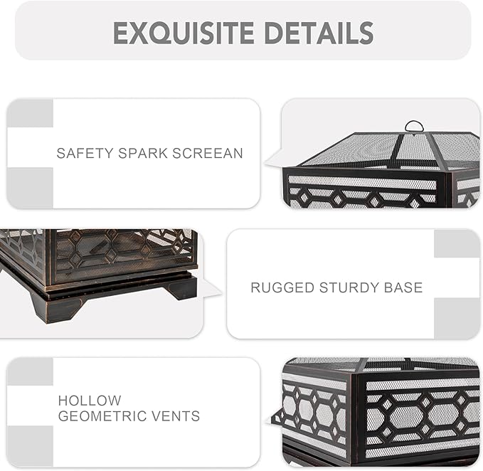 Outdoor Fire Pit, 26 Inch Wood Burning Firepit for Outside with Mesh Cover & Fire Poker, Large Square Metal Fireplace for Patio, Backyard, Garden, Bonfire Party