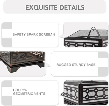 Outdoor Fire Pit, 26 Inch Wood Burning Firepit for Outside with Mesh Cover & Fire Poker, Large Square Metal Fireplace for Patio, Backyard, Garden, Bonfire Party