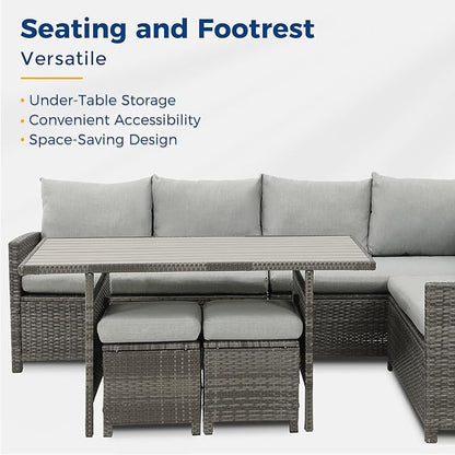 Wisteria Lane Patio Furniture Set, 7 Piece High Curved Back Outdoor Dining Sectional Sofa with Dining Table and Chair, All Weather Wicker Conversation Set with Ottoman, Grey