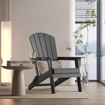 Folding Adirondack Chair - Extended Ergonomic Backrest, Cup Holder - Easy Assembly - Durable HDPE Plastic, Weather Resistant & Maintenance-Free - Lawn, Patio, Deck Supports 380lbs Grey