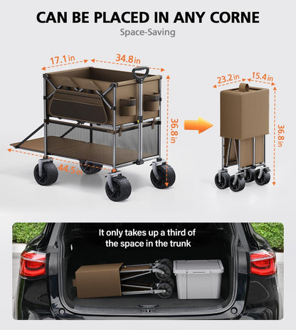 Foldable Wagon Cart,Everyfun 480Lbs Double Decker Wagon,Beach Carts with Big Wheels&Side Pocket&Dustbag,Large Capacity Folding Wagon for Shopping,Garden,Camping,Fish,New Wave Sports Wagon-Brown