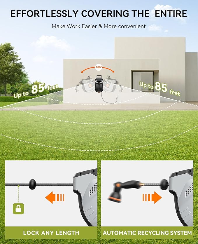 SUNPOW Retractable Garden Hose Reel - 1/2 inch x 85ft Wall Mounted Hose Reel with 3/4 inch Brass Fitting & 10 Function Sprayer Nozzle - Any Length Lock, Auto Rewind System, 180°Swivel Bracket- Grey