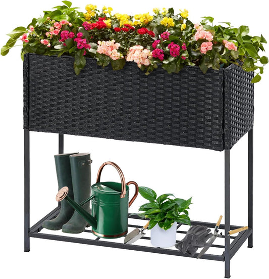 LEWIS&WAYNE Raised Garden Beds Outdoor with Legs Handmade Wicker Planter Box with Removable Liner & Storage Shelf Elevated Garden Bed for Vegetable Flower Herb - Black