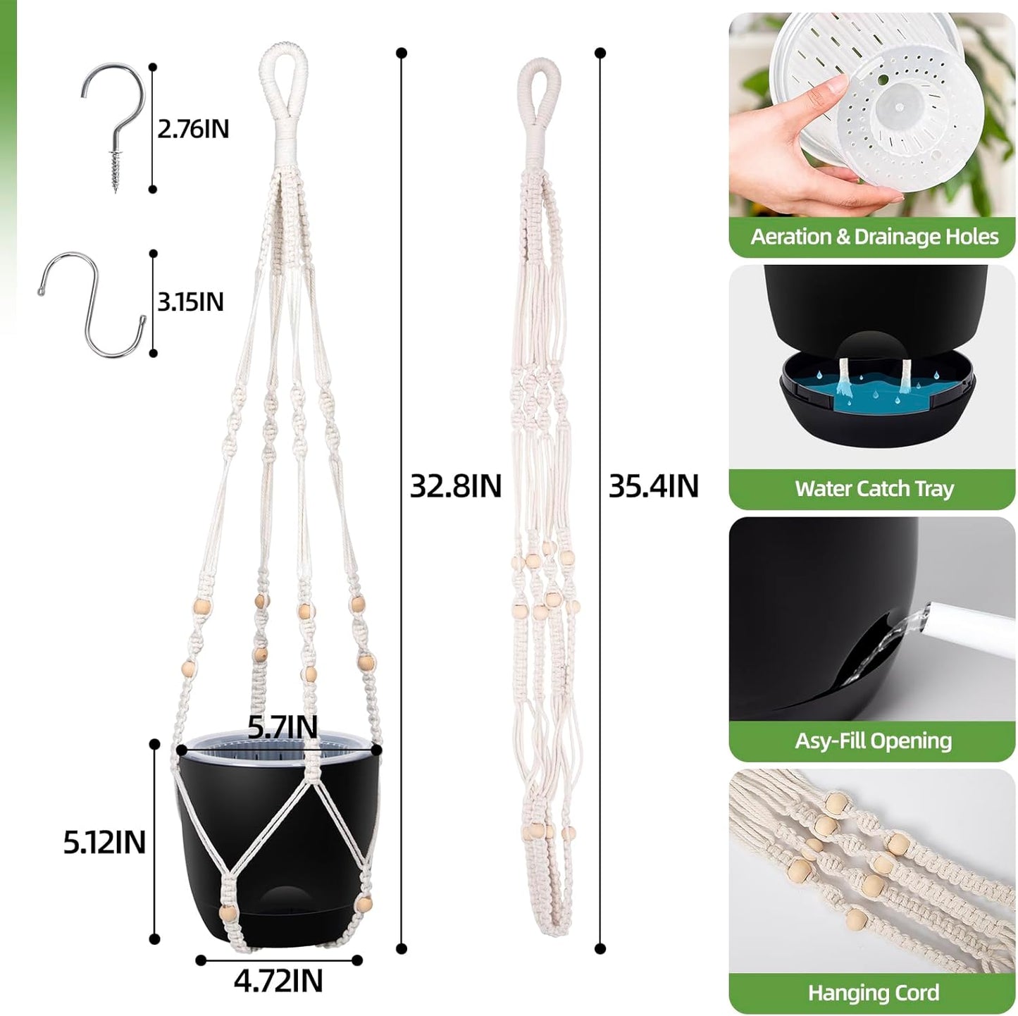 2-Pack 5.7-Inch Self-Watering Hanging Planters for Indoor & Outdoor Plants,34Inch Macrame Hanger Plant Pots Indoor with Drainage,Small Hanging Planters & Baskets,With Two Sets of Hooks（Pure black）