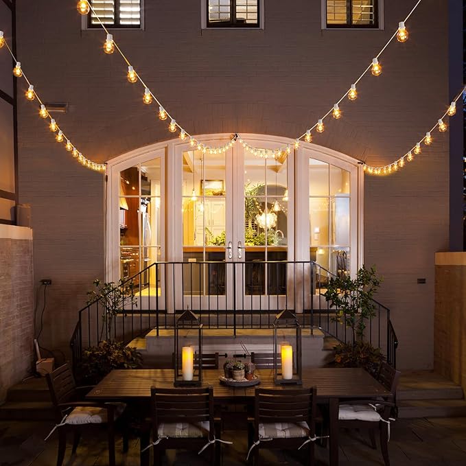 Mlambert 96Ft(2x48Ft) Solar String Lights, Outdoor Waterproof Patio Lights with 18 Shatterproof G40 Bulbs(2 Spare), Led Light for Backyard-White Wire