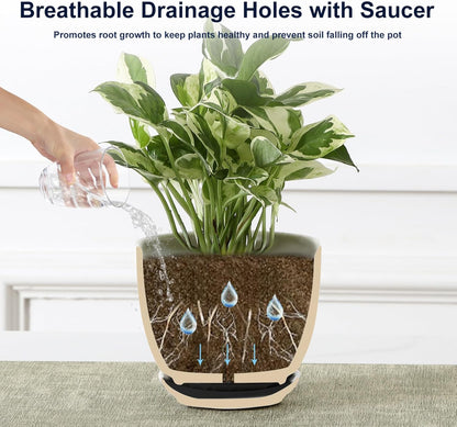 Sureasy Ceramic Indoor Plant Pots - 5.6 Inch Flower Pots for Plants with Drainage Hole and Saucer, Embossed Planter for Succulents, Orchid, Cactus, Indoor Home Decor, Set of 4, White