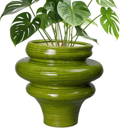 Ceramic Pot for Plants 11 Inch - Plant Pot for Indoor Outdoor, Decorative Bonsai Planter with Drainage Hole, Flower Pots for Office, Gift for Men Women, Green