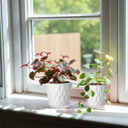 6 Pack 7 Inch Plant Pots with Drainage and Saucers, White Plastic Flower Pots for Indoor and Outdoor Plants, Stackable Nursery Planters for Houseplants and Herbs, White