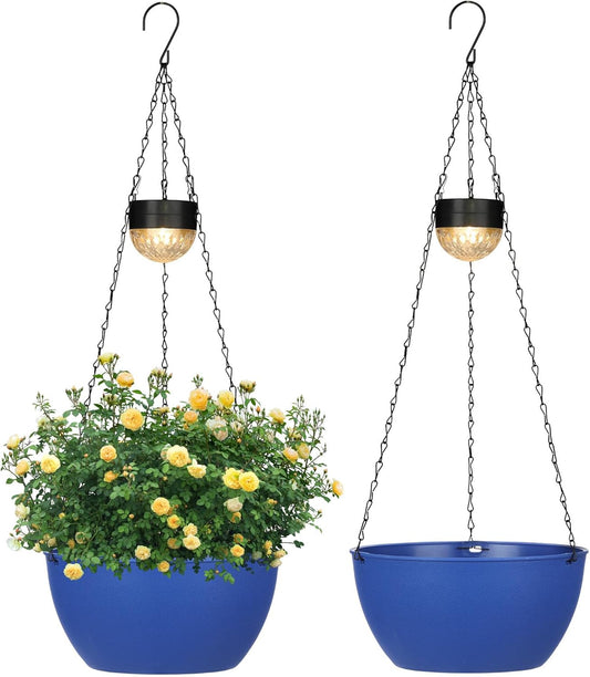 2 Packs Hanging Planters Basket for Outdoor Plants, Solar Powered Self Watering Blue Round Plastic Flower Pots with Drainer for Balcony Patio Garden Outdoor Decoration