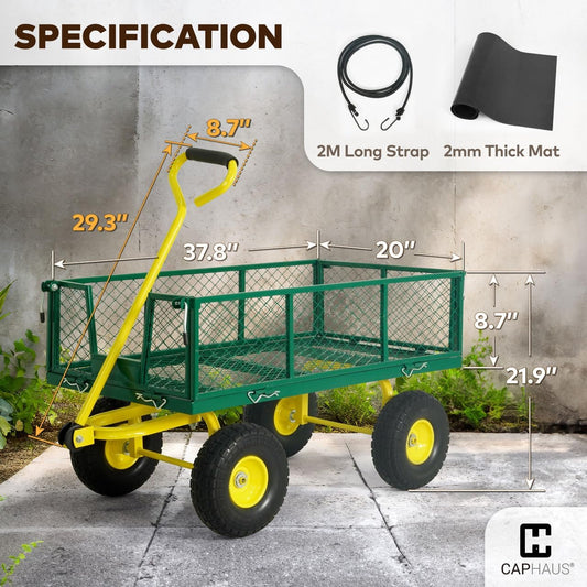 CAPHAUS Metal Green Garden Cart, w/ 180° Adjustable Yellow Handle, w/Mat and Strap, Heavy Duty 880 lbs Capacity, w/ 10” Flat-Free Tires, Sides Removable, Utility Wagon, Yard Cart, for Garden, Farm