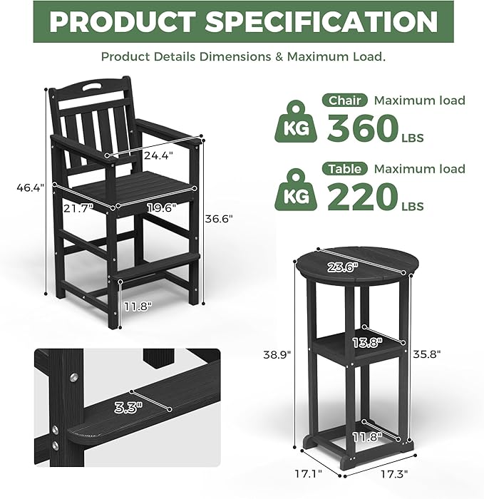 HDPE Outdoor Patio Bar Set with Bar Height Table and 2 Adirondack Chairs, All-Weather High Top Outside Round Pub Furniture for Bistro, Garden, Backyard, Deck | 3-Pieces, Matte Black